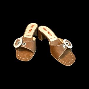 Miu Miu Brown Mules with White Buckle